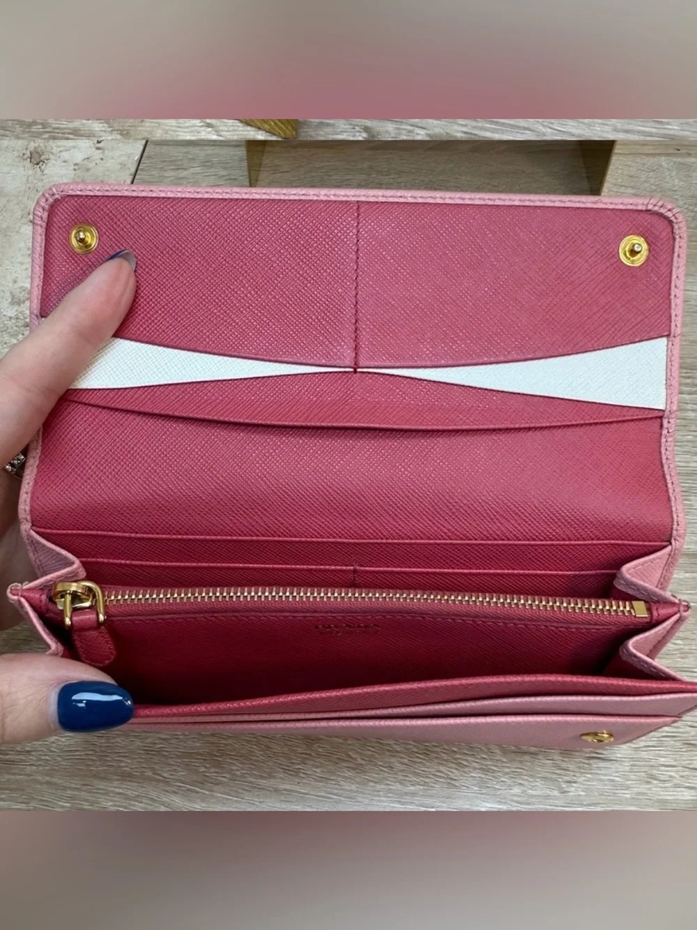 Prada Pink Saffiano Continental Wallet with Gold Logo